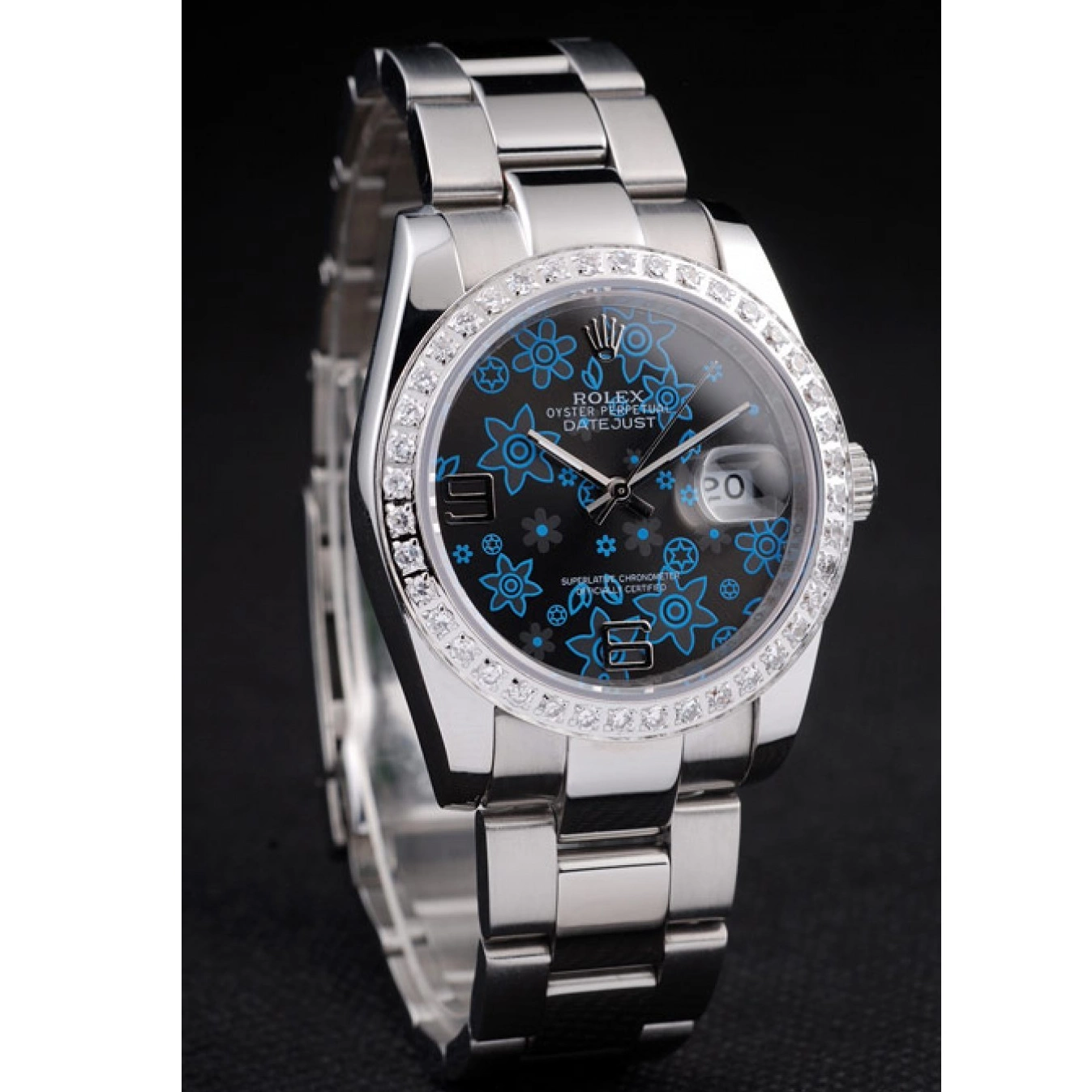 Rolex copies cheap Polished Dark Dial Flowers Blue Plated Stainless Steel Rolex Datejust Diamond 0721